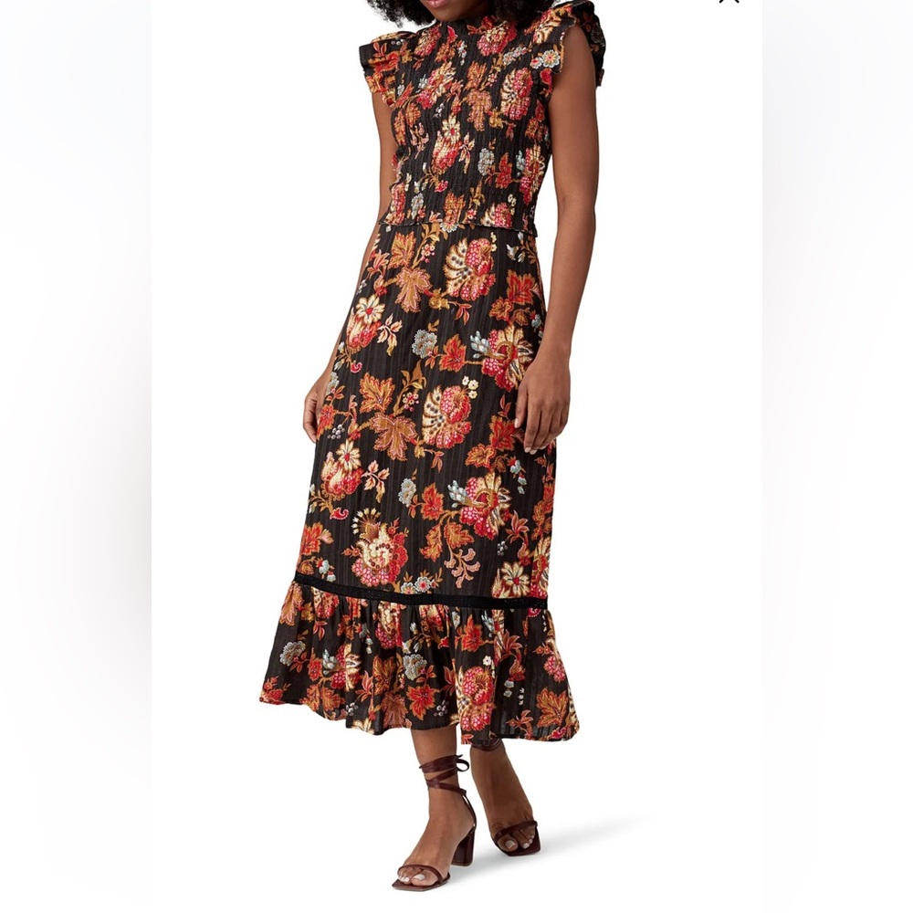 Sea New York.Pascale Smocked Midi Dress.  Color Black Floral. Size 6